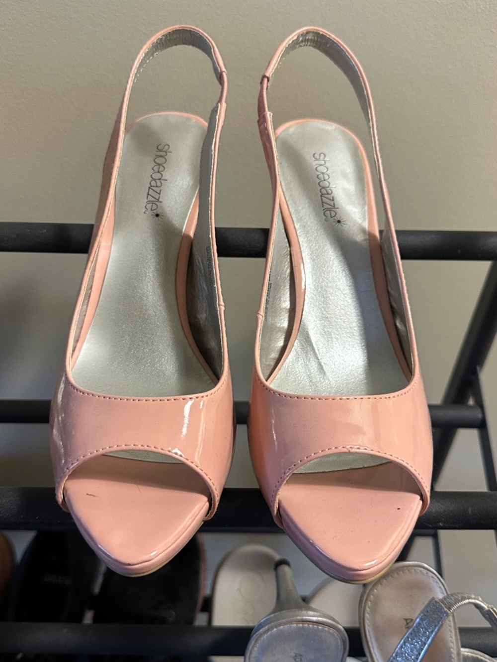 Shoe Dazzle Patent Pink Peep-Toe Slingback Heels